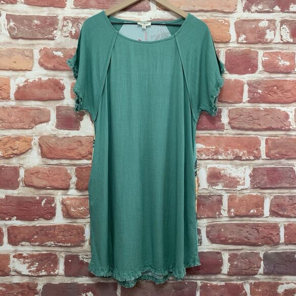 Umgee Dress Women's Medium Aqua Blue Multicolor Floral Back Raw Edge Trim - Picture 6 of 8